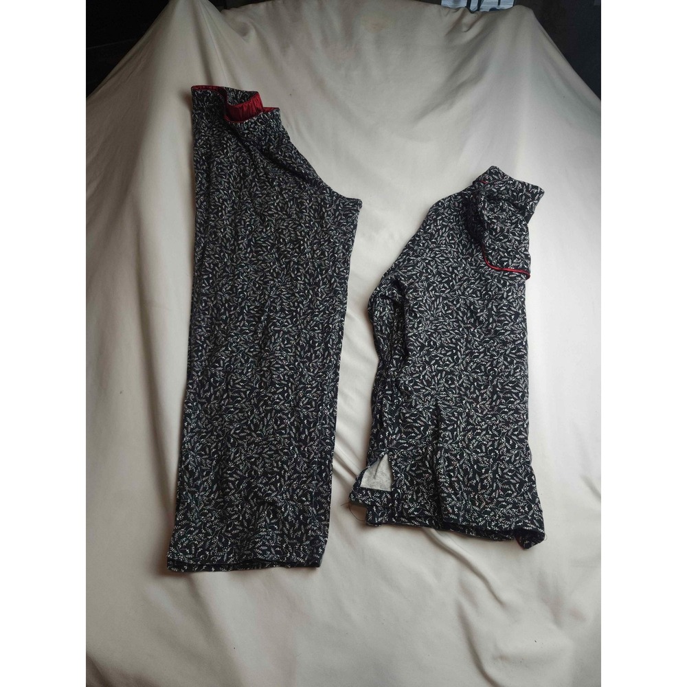 Ellen Tracy Pajama Set Womens Medium Black Floral Button Up Top and Pants 2pc